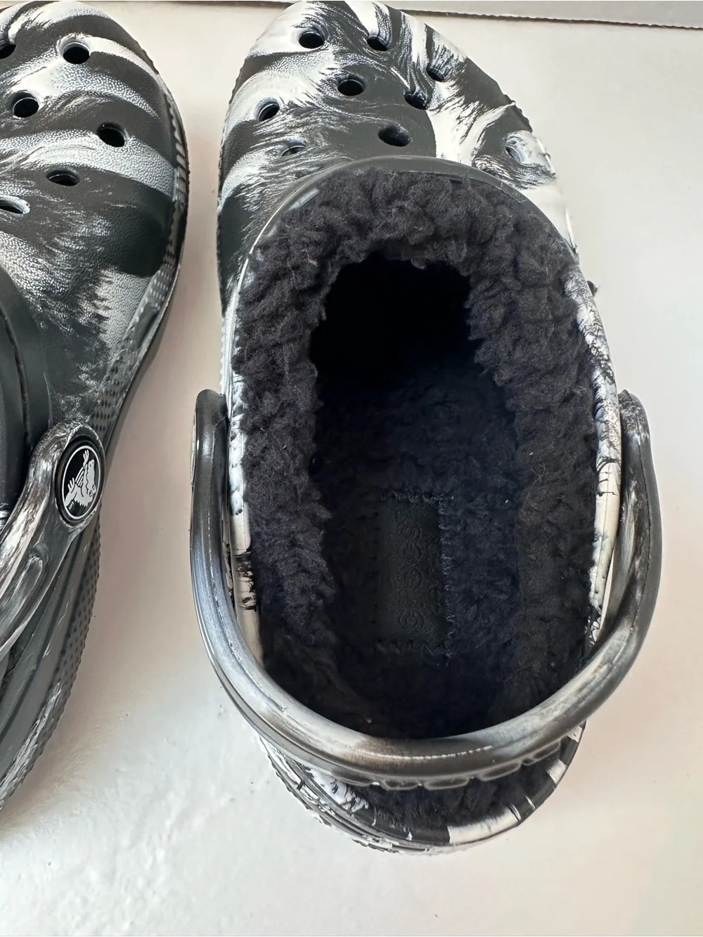 CROCS Kids Black & White Marbled Clog with Fleece Lining